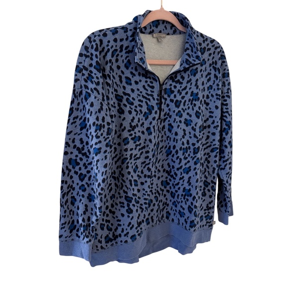 T by Talbots Blue Leopard Print Quarter Zip Pullover Sweatshirt Large Petite - Picture 4 of 8